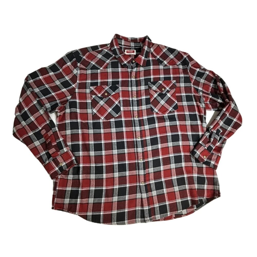 Wrangler Plaid Shirt Men's 2XL Red Long Sleeve Snap Buttons Western Style